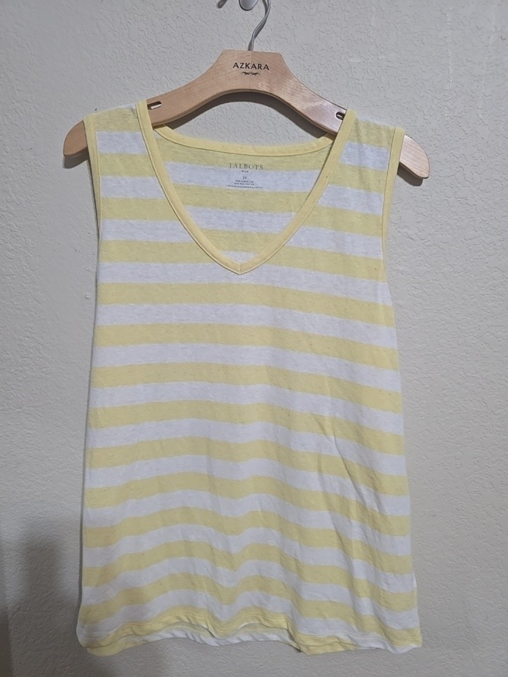 Talbots Pale Yellow and White Striped V-Neck Tank Linen Blend